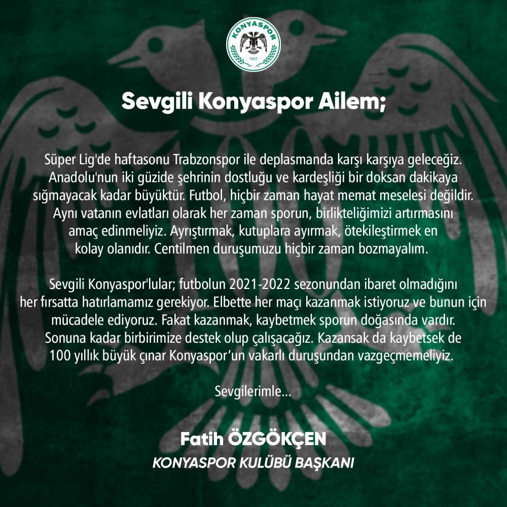 Konyaspor Başkanı Fatih Özgökçen’den Trabzonspor maçı açıklaması