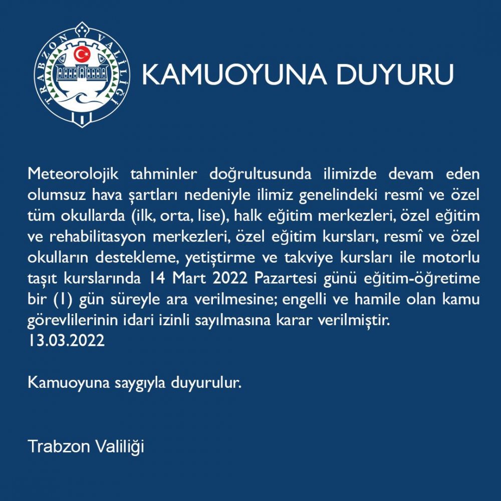 Trabzon'da eğitime kar engeli