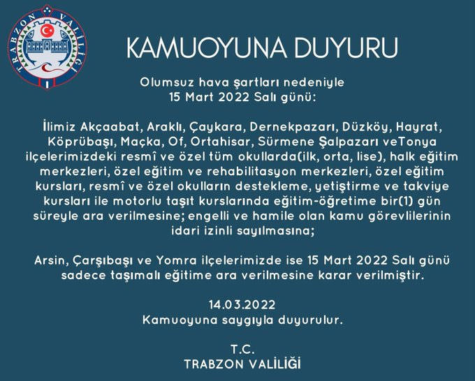 Trabzon'da yarın okullar tatil! Açıklama geldi