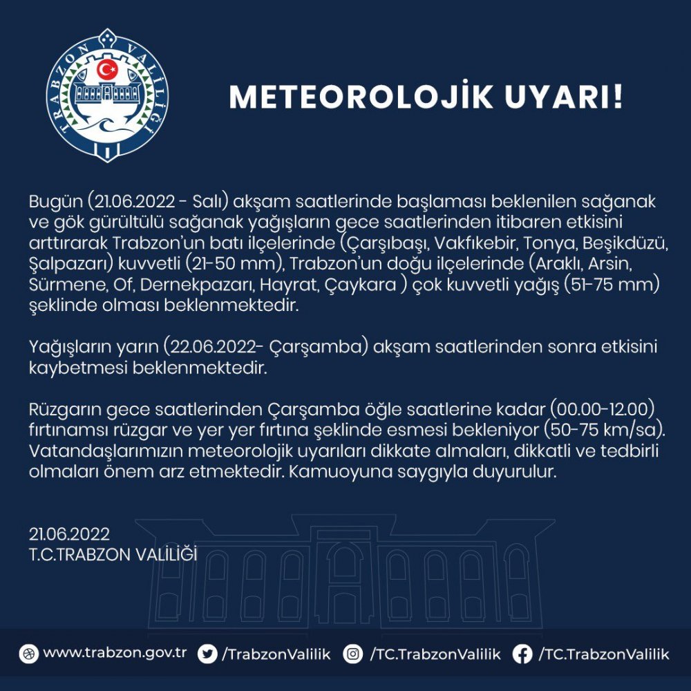 Trabzon için kuvvetli yağış uyarısı