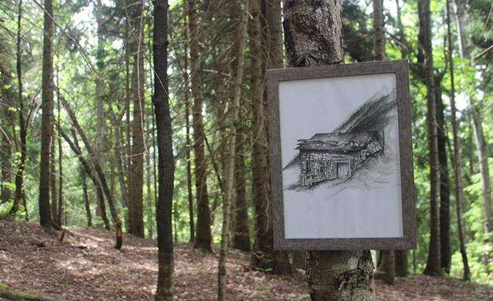 Rize'de genç öğretmen yaptığı resimleri ormanda sergiliyor