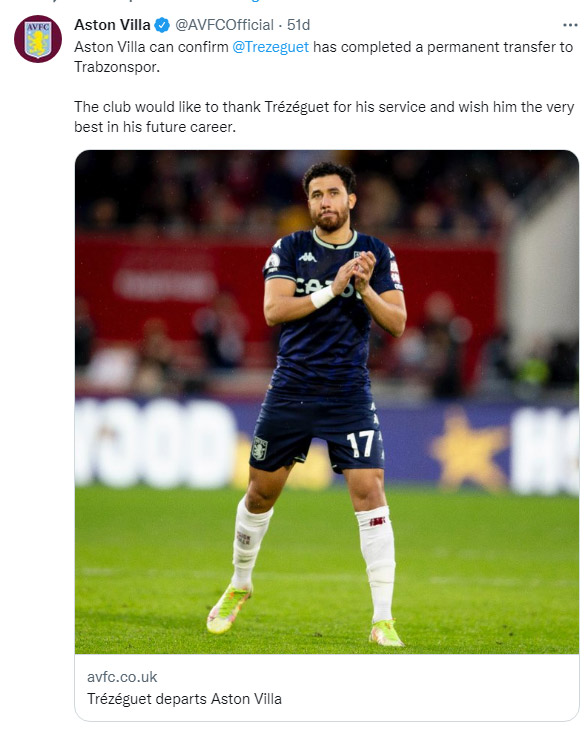Aston Villa’dan Trezeguet’e veda mesajı