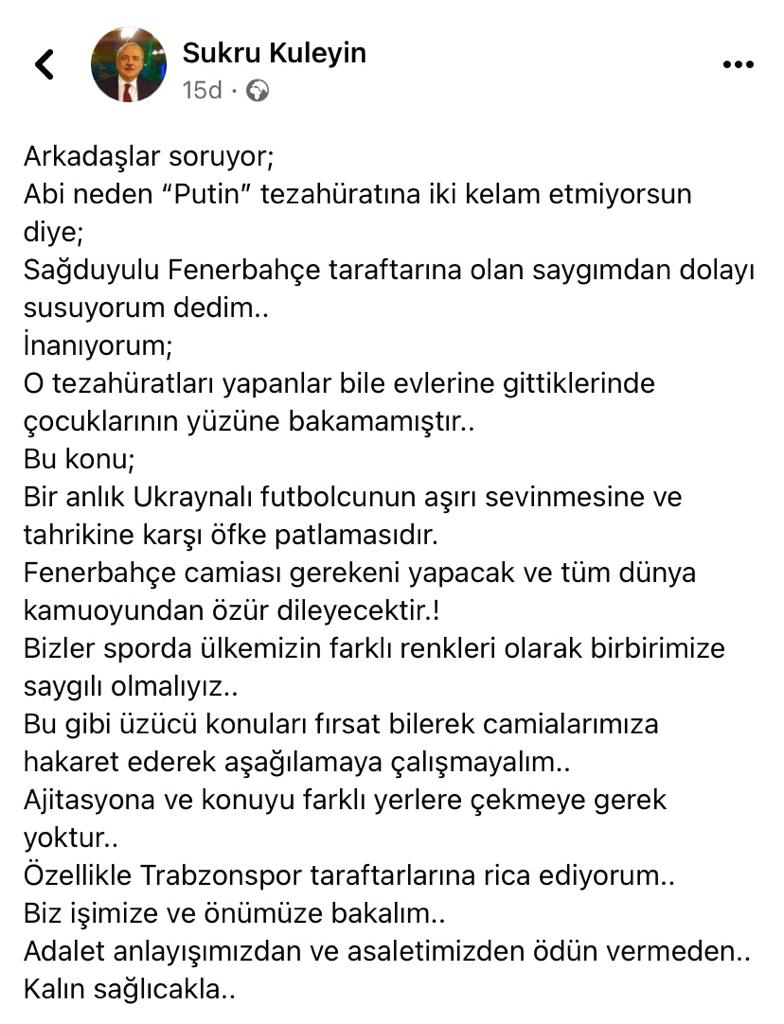 Şükrü Kuleyin: "Fenerbahçe camiası gerekeni yapıp, özür dileyecektir”