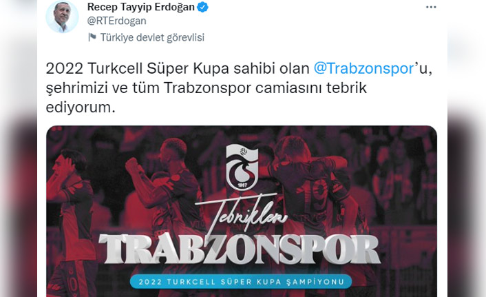 Cumhurbaşkanı Erdoğan’dan Trabzonspor’a tebrik mesajı