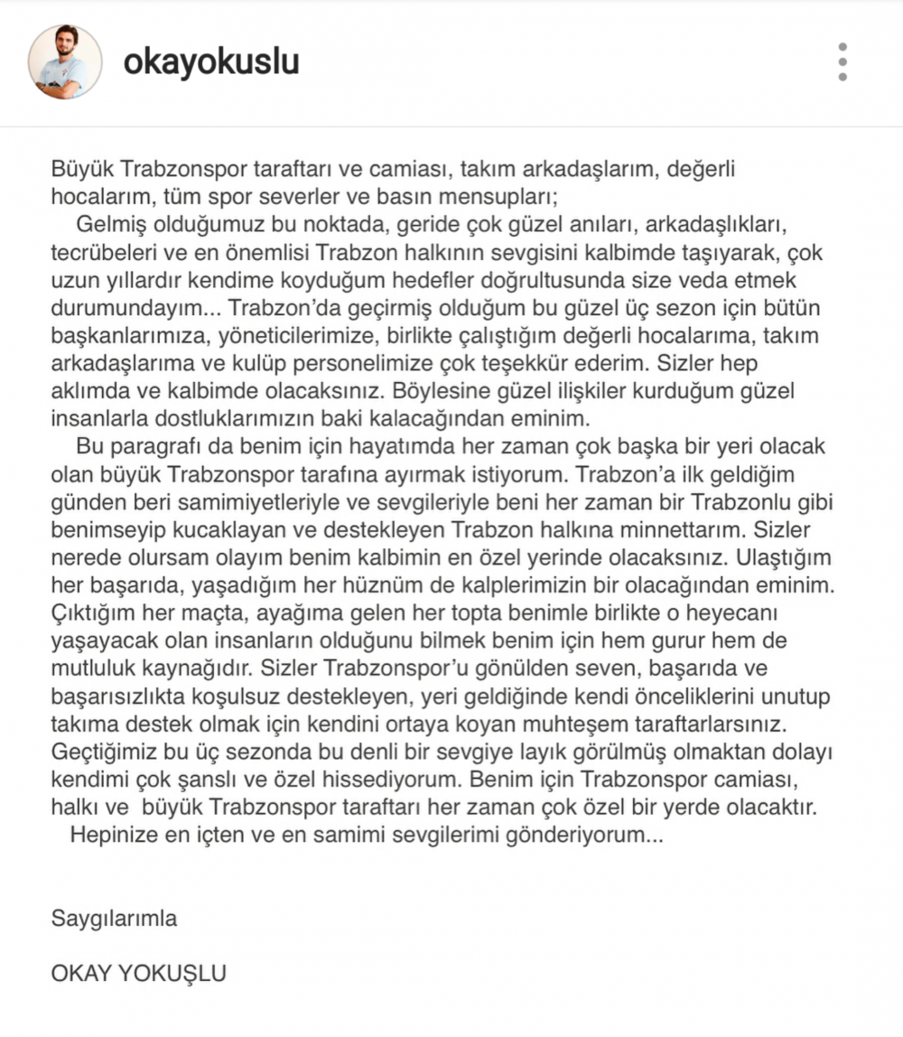 Okay Yokuşlu'dan Trabzonspor'a veda mektubu