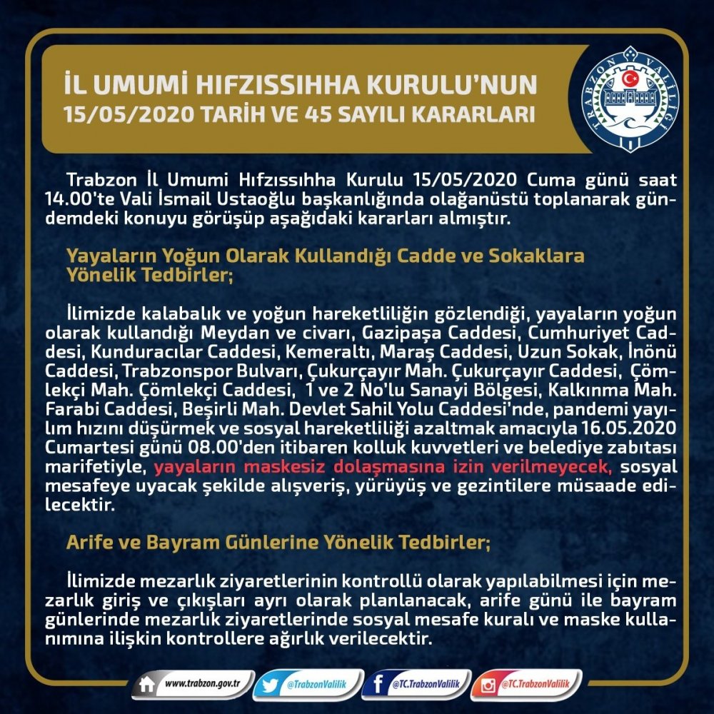 Trabzon Valiliği açıkladı! Maske yasağı