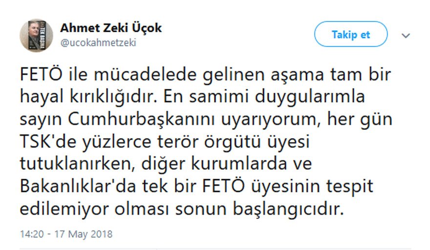 Cumhurbaşkanı Erdoğan'a Ahmet Zeki Üçok'tan FETÖ uyarısı