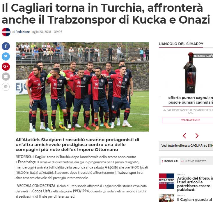 İtalyanlar duyurdu; Trabzonspor Cagliari ile karşılaşacak