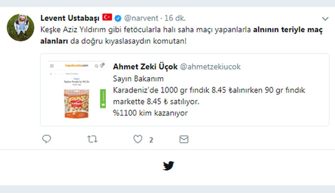 Ahmet Zeki Üçok'tan fındık fiyatı tweeti