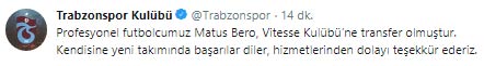 Trabzonspor’dan Bero mesajı