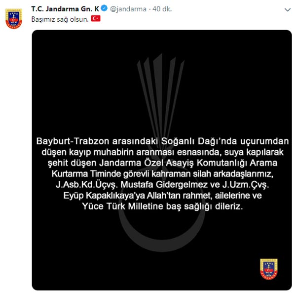 Jandarma GK'dan Trabzon şehitleri için mesaj