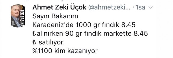 Ahmet Zeki Üçok'tan fındık fiyatı tweeti
